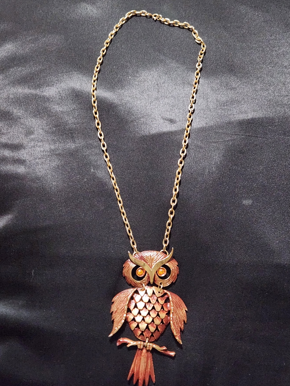 Vintage 1970s Enamel Articulated Owl Pendant Necklace Amber Rhinestone Eyes